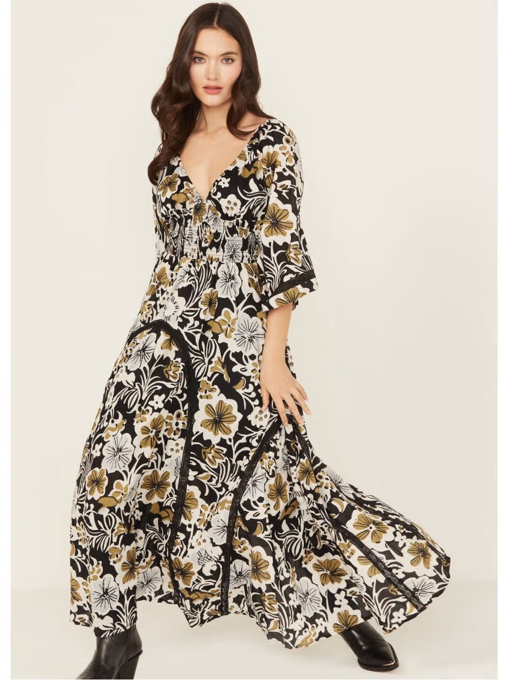 Free people Dixie Floral Maxi Dress in Black, White & Gold